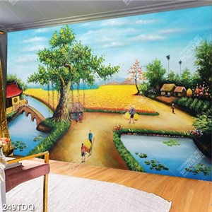 Tranh dán tường in kính cây đa đầu làng bên cánh đồng lúa đẹp nhất