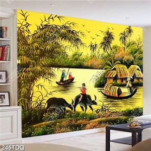 Tranh sơn dầu cậu bé chăn trâu bên dòng sông và cô lái đò