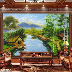 Tranh sơn dầu con thuyền nhỏ trên dòng sông bên ngôi nhà lá