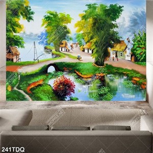 Tranh phong cảnh đồng quê những bụi tre xanh bên dòng sông in uv