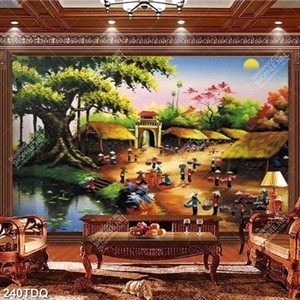 Tranh làng quê chợ phiên lúc bình minh đẹp nghệ thuật