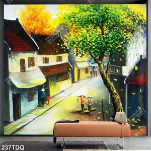 Tranh dán tường cây lá vàng bên khu phố cổ chất lượng cao
