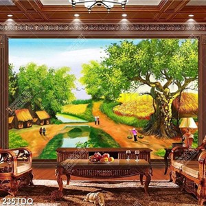 Tranh cánh đồng lúa chín bên con đường làng