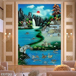 Tranh trang trí tường in kính ngôi nhà cạnh thác nước