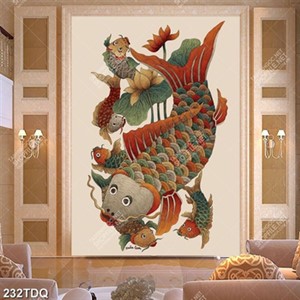 Tranh decor tường đàn cá chép và hoa sen nghệ thuật