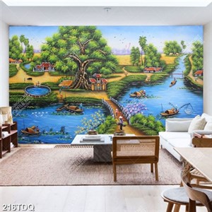 Tranh sơn dầu decor phòng làng quê Việt Nam in kính