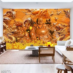 Tranh gắn tường điêu khắc gỗ Phật Di Lặc và tiền vàng file gốc