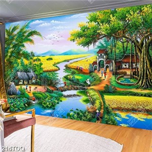 Tranh đồng quê cánh đồng lúa chín vàng bên con sông nhỏ