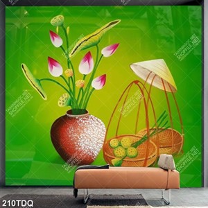 Tranh vẽ bình hoa sen và nón lá nghệ thuật
