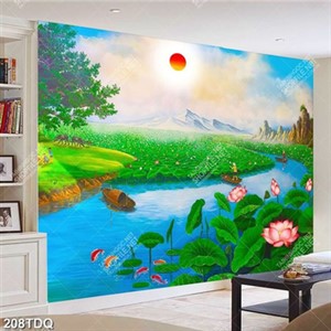 Tranh sơn dầu đầm sen và người lái đò in kính