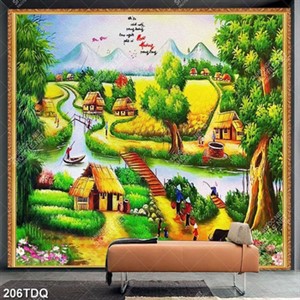 Tranh đồng quê những ngôi nhà lợp lá bên cánh đồng lúa chín vàng in kính
