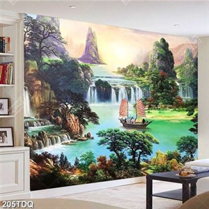 Tranh sơn dầu phong cảnh thác nước và chiếc thuyền chất lượng cao