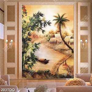 Tranh ghép cầu cầu tre bắt qua ngôi làng nhỏ đẹp nhất