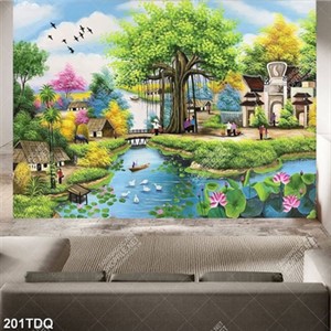 Tranh cây đa bên cây cầu nhỏ bắt qua ngôi làng bình yên in uv