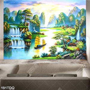 Tranh sơn dầu phong cảnh thác nước và núi rừng bên ngôi làng nhỏ in uv