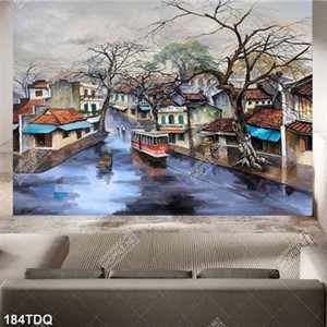 Tranh sơn dầu phong cảnh khu phố in uv