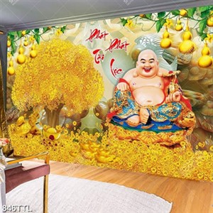 Tranh kim tiền 3D Phật Di Lặc trang trí tường