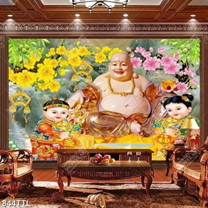Tranh decor tường ngày tết Phật Di Lặc và em bé