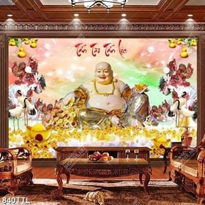 Tranh tấn tài tấn lộc Phật Di Lặc bên chim hạc trên nền giả ngọc in uv