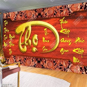Tranh thư pháp chữ Thọ dáp vàng trên nền gỗ in uv