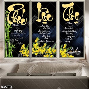 Tranh trang trí nội thất phúc lộc thọ trên cành mai vàng đẹp in kính