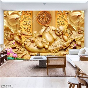 Tranh điêu khắc gỗ Phật Di Lặc và chú tiểu bên hoa sen in uv