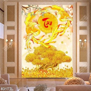 Tranh trang trí nội thất chim khổng tước trên núi vàng đẹp nhất