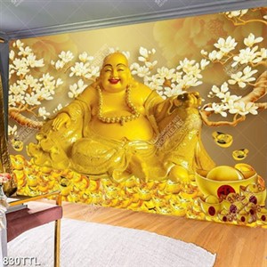 Tranh trang trí nội thất Phật Di Lặc và hoa mộc lan trên núi vàng in kính