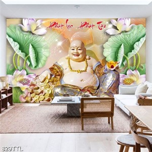 Tranh giả ngọc gắn tường Phật Di Lặc và hoa sen phát tài phát lộc