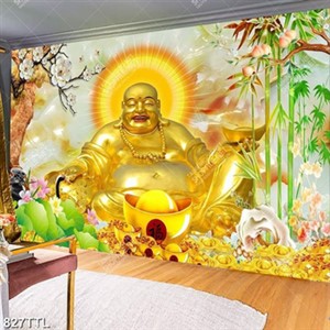 Tranh Phật Di Lặc và hoa sen trên nền giả ngọc