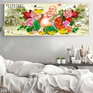 Tranh tài lộc Phật Di Lặc decor nội thất in kính
