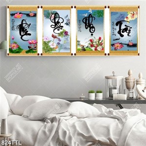 Tranh trang trí nội thất 4 tấm Phúc Lộc Thọ Tài chất lượng cao
