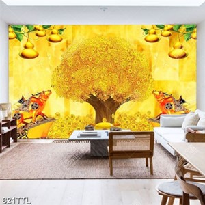 Tranh trang trí nội thất cây kim tiền và trâu vàng in uv