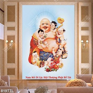 Tranh trang trí nội thất Phật Di Lặc và các tiểu linh đồng in kính