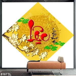 Tranh thư pháp chữ Lộc và hoa mộc lan in kính