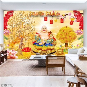 Tranh decor tường Phật Di Lặc trên núi vàng và hoa sen giả ngọc đẹp nhất in uv