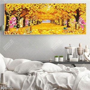 Tranh núi vàng trong rừng cây kim tiền trang trí nội thất