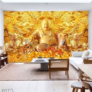 Tranh gắn tường Phật Di Lặc và nền song long dát vàng nghệ thuật file psd