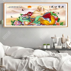 Tranh vẽ Phật Di Lặc và hoa khổ ngang trang trí nội thất