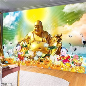 Tranh Phật Di Lặc và chim hạc bên các tiểu linh đồng đẹp nhất