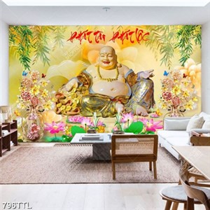 Tranh tài lộc Phật Di Lặc và hoa sen gắn tường đẹp nhất