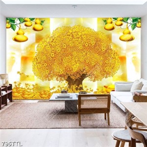 Tranh tài lộc quả bầu vàng và cây kim tiền trên nền đá giả ngọc decor tường