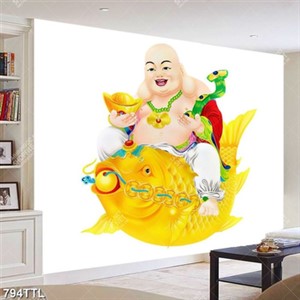 Tranh decor ngày tết Phật Di Lặc và cá chép vàng file psd