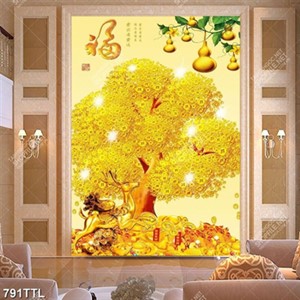 Tranh trang trí phòng cây tiền vàng và nai trên núi vàng chất lượng cao