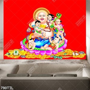 Tranh Phật Di Lặc và các tiểu linh đồng trên núi vàng in kính