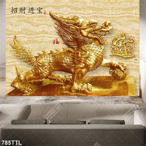 Tranh 3D kỳ lân vàng trên nền giả ngọc in uv