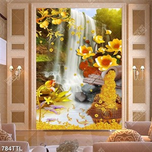 Tranh tài lộc thác nước bên hoa sen và cá chép vàng file gốc