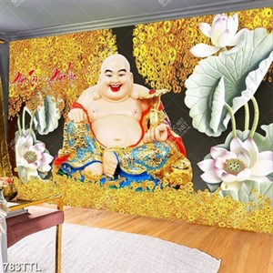 Tranh gắn tường Phật Di Lặc trên núi vàng và hoa sen phát tài phát lộc