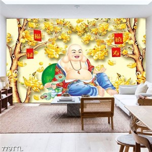 Tranh gắn tường hoa mộc lan kim tiền và Phật Di Lặc in kính