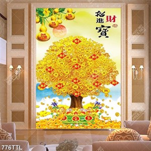 Tranh cây kim tiền trên núi vàng khổ dọc trang trí tường